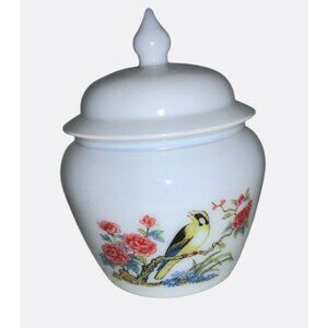 Avon White Porcelain Lidded Jar With Bird & Floral Design